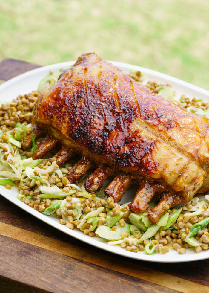 Peach-Glazed Pork Rack with Celery Lentil Salad